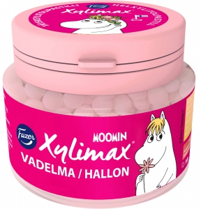 Fazer Xylimax Moomin Vadelmapastilli Xylitol Himbeerpastillen, 90 g