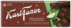Karl Fazer Winter Edition - Dunkle Schokolade mit Apfel, Krokant & Haselnuss,