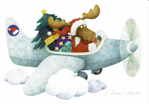 Postkarte Erik der Elch im Flugzeug mit Weihnachtsgeschenken