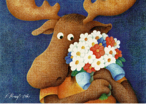 Postkarte Erik der Elch mit Blumenstrauß