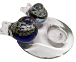 Bianco Blu Glas-Teelichtständer mit Vogelpärchen, handgeblasen